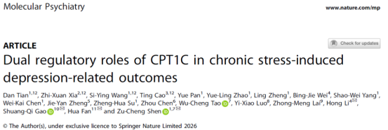 Molecular Psychiatry︱福建医科大学沈祖成团队揭示CPT1C在慢性应激诱导的抑郁样行为中的作用及机制